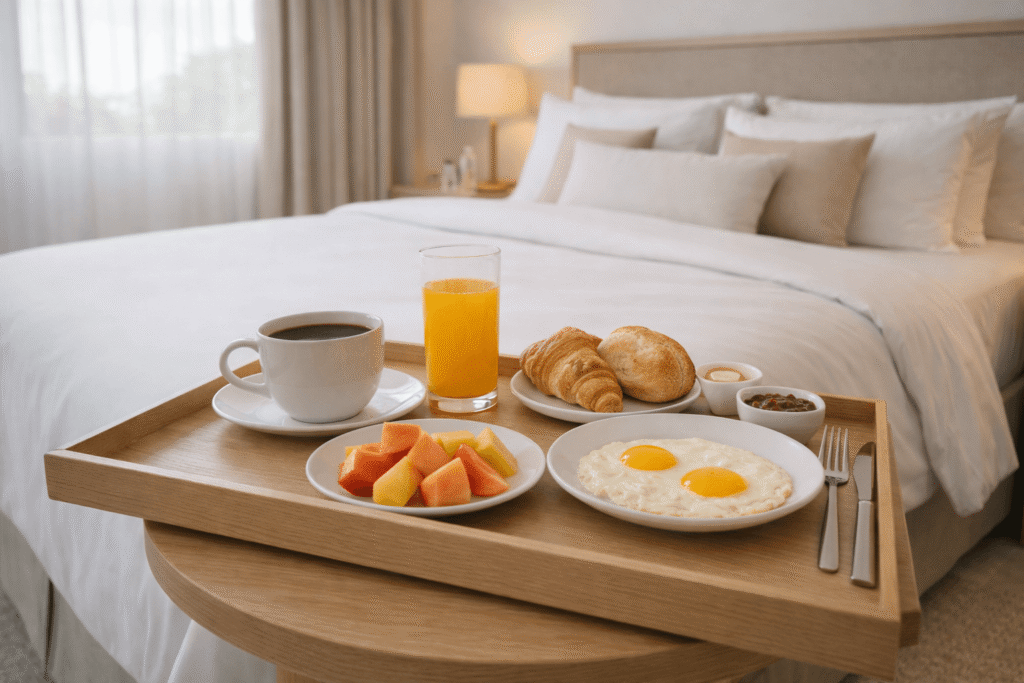 Desayuno servido en la habitación del Hotel Versalles en Villanueva, Casanare, sobre la cama.