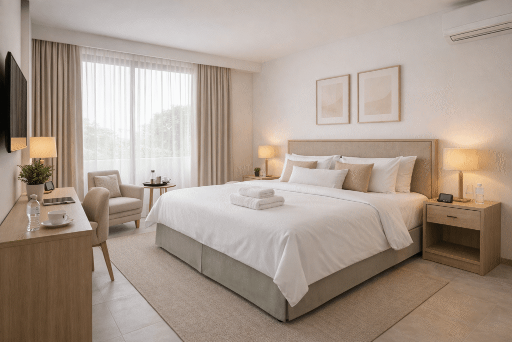 Habitación Deluxe del Hotel Versalles en Villanueva, Casanare, amplia, cómoda y con diseño elegante.