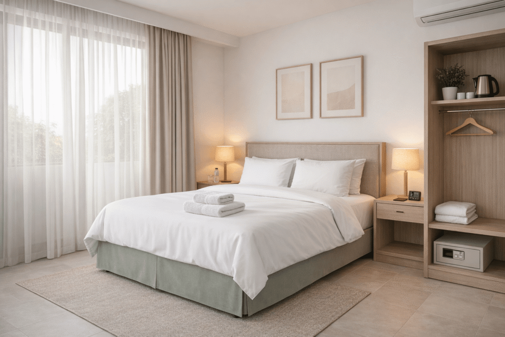 Habitación estándar del Hotel Versalles en Villanueva, Casanare, con cama cómoda, diseño sobrio y luz natural.