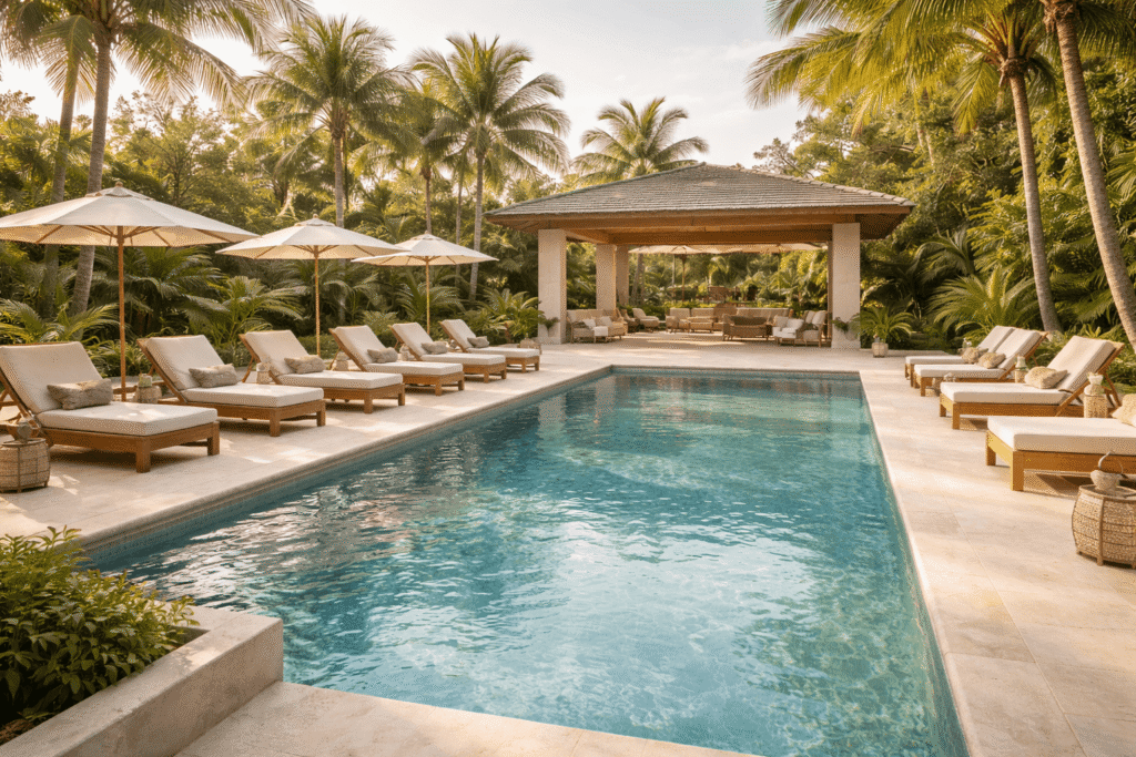 Piscina del Hotel Versalles en Villanueva, Casanare, en un entorno tranquilo y al aire libre.