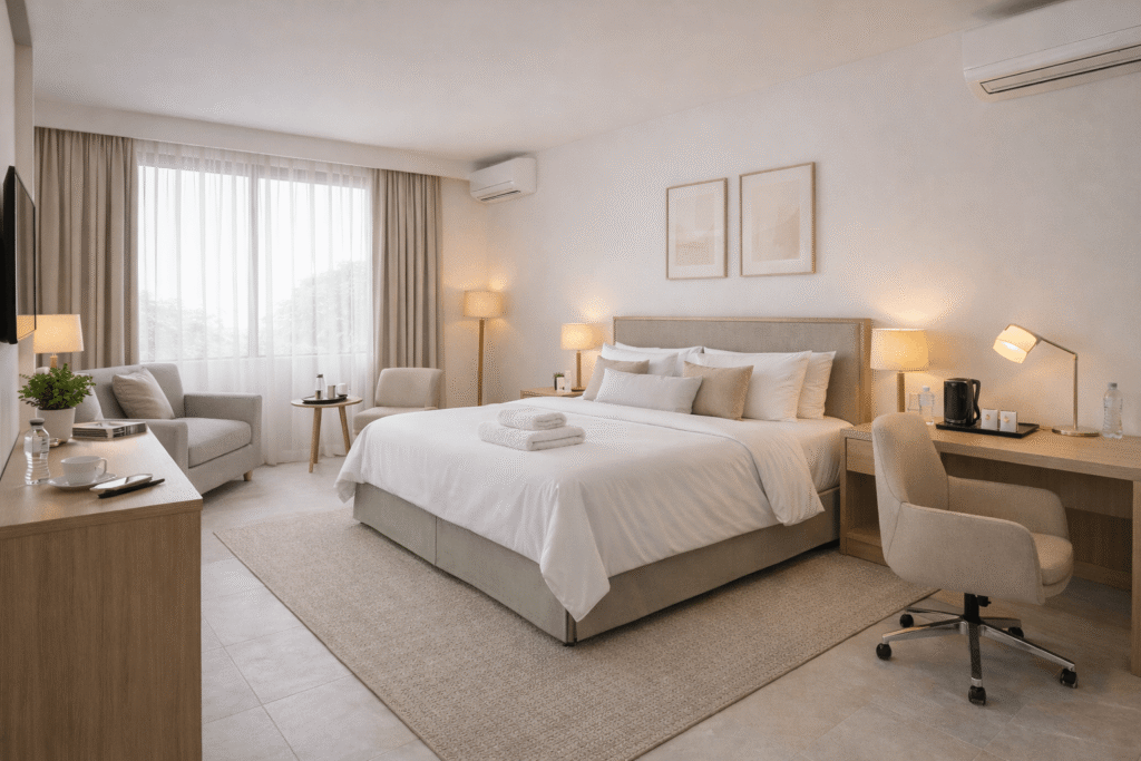 Suite Ejecutiva del Hotel Versalles en Villanueva, Casanare, amplia, cómoda y con área de descanso.