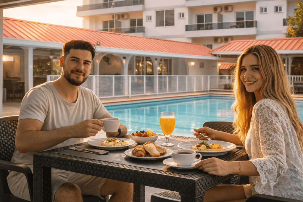 Huéspedes disfrutando desayuno junto a la piscina del Hotel Versalles en Villanueva, Casanare.