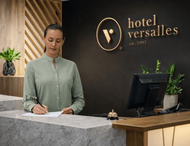 Recepción del Hotel Versalles en Villanueva, Casanare, con diseño sobrio y atención al huésped.