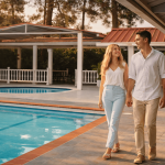 Pareja caminando junto a la piscina del Hotel Versalles en Villanueva, Casanare.